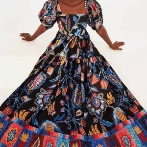 NEW L FARM RIO Women’s Blue Black Sunset Tapestry Organic Cotton Maxi Dress